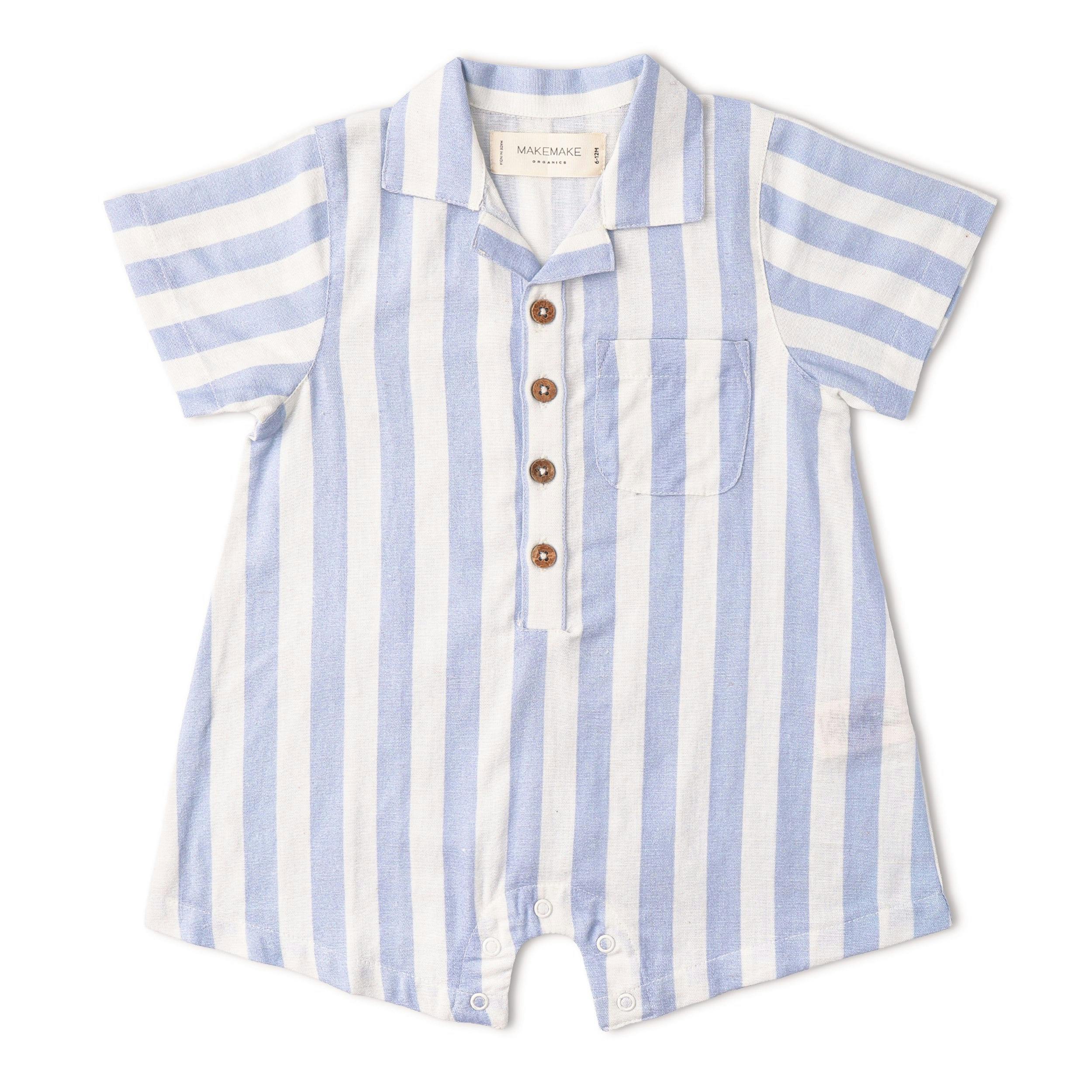 Organic Collared Romper - Blue Stripes