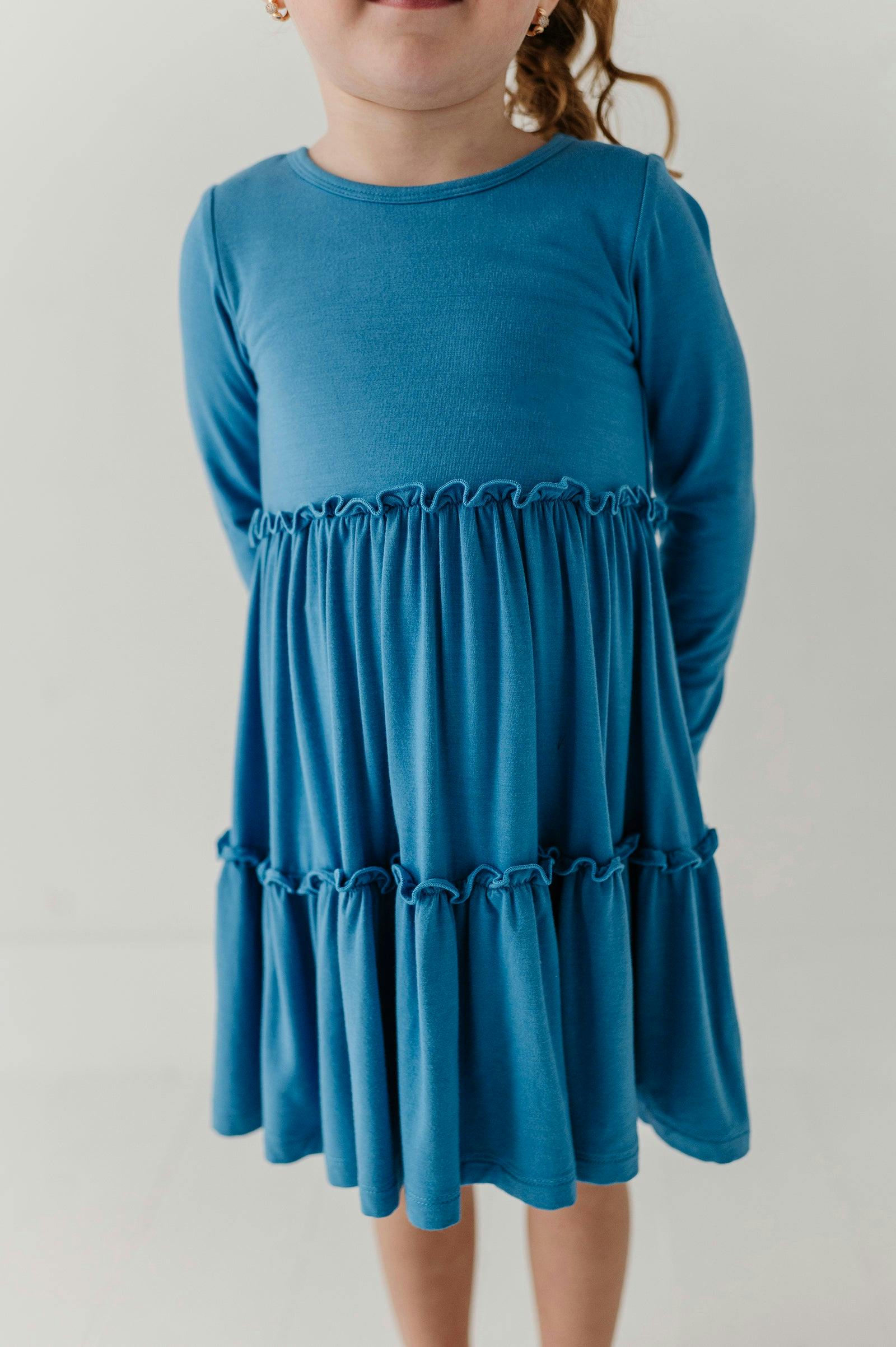 Girls Long Sleeve Double Tiered Dress in Stonewash