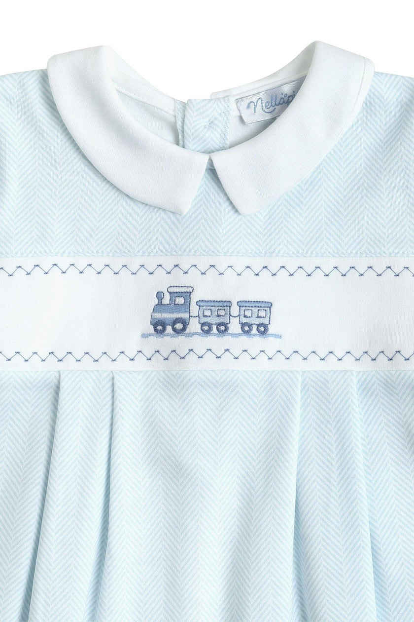 Blue Herringbone Embroidered Footie