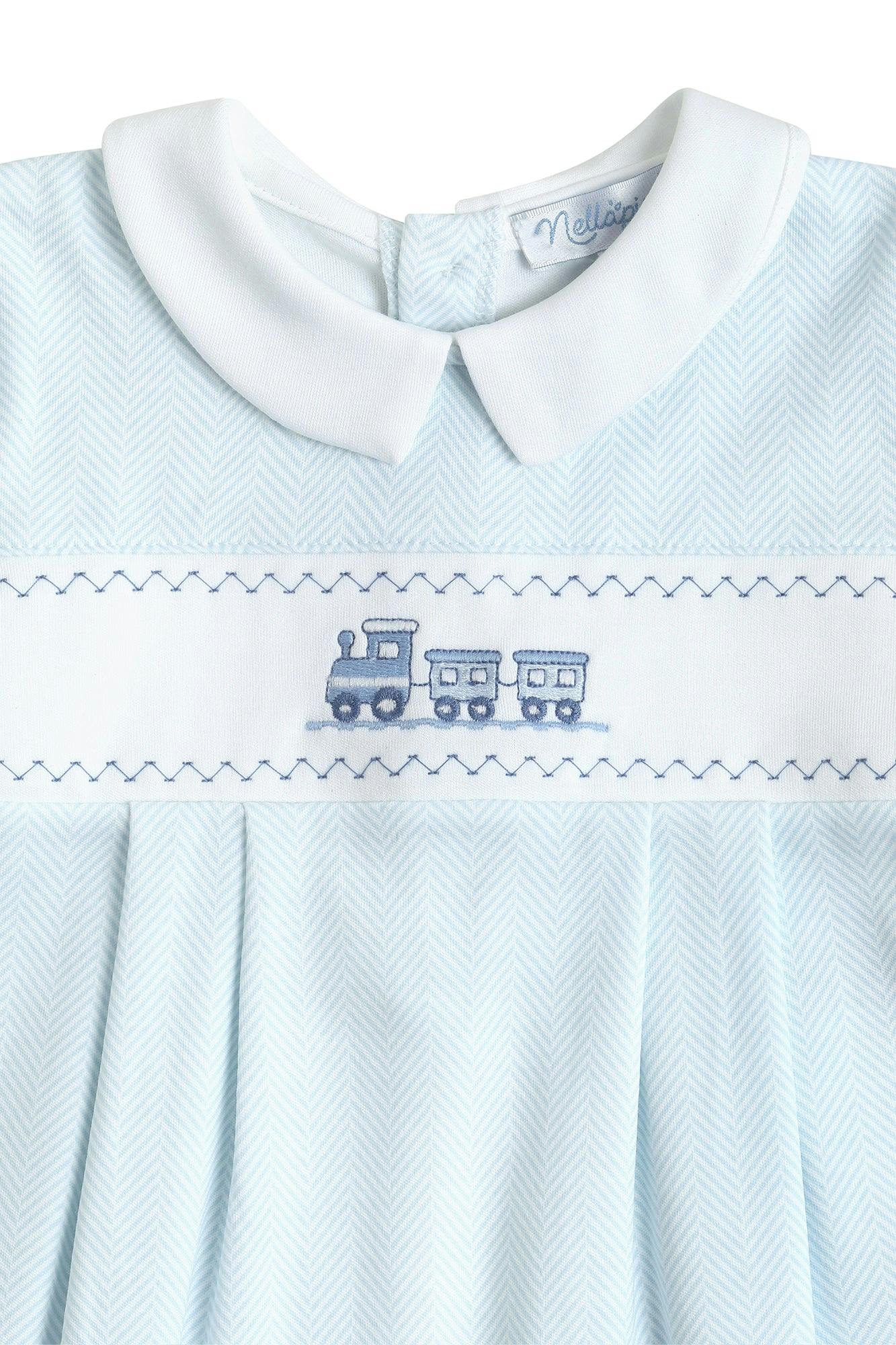 Blue Herringbone Embroidered Footie