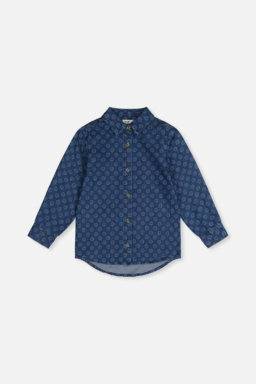 Chambray Shirt Blue Smiley Print