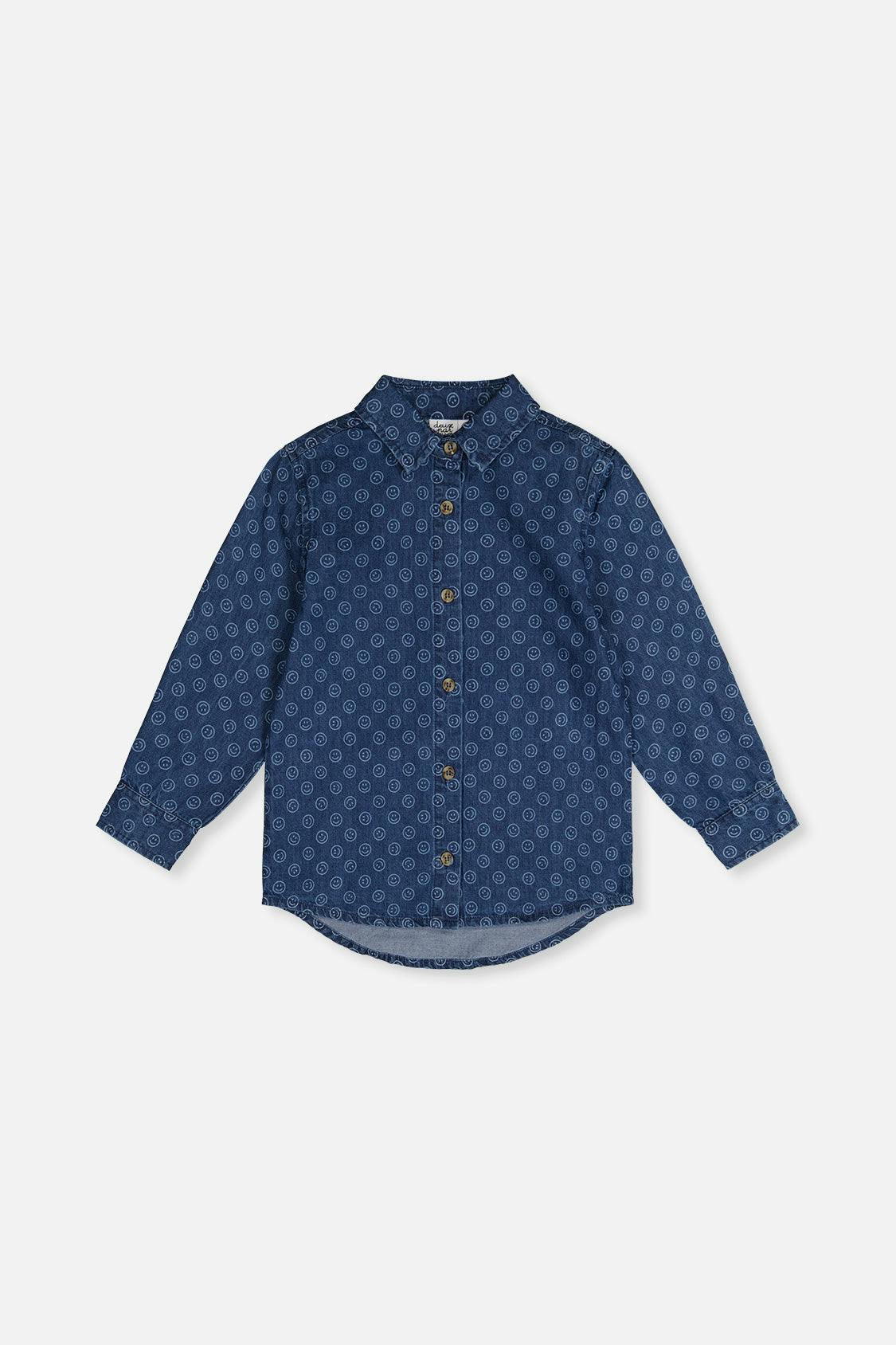 Chambray Shirt Blue Smiley Print