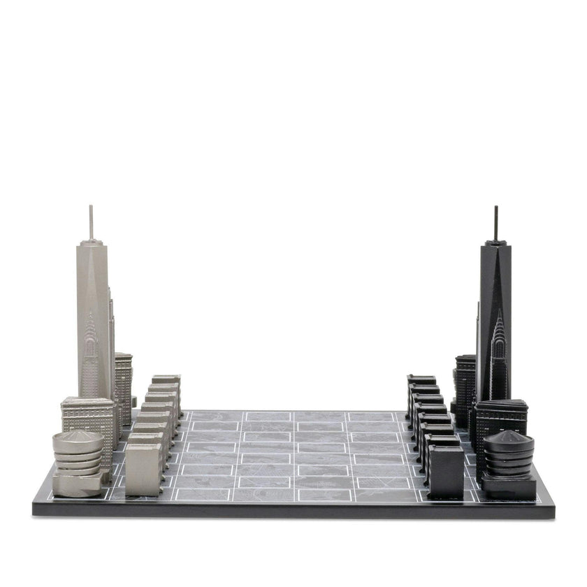 Chess Set Stainless Steel NEW YORK with Wood Map Board
