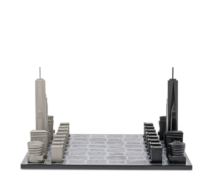 Chess Set Stainless Steel NEW YORK with Wood Map Board