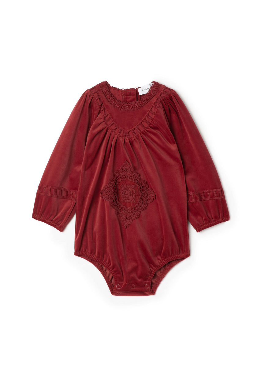Lace Trimmed Button Front Velvet Bubble