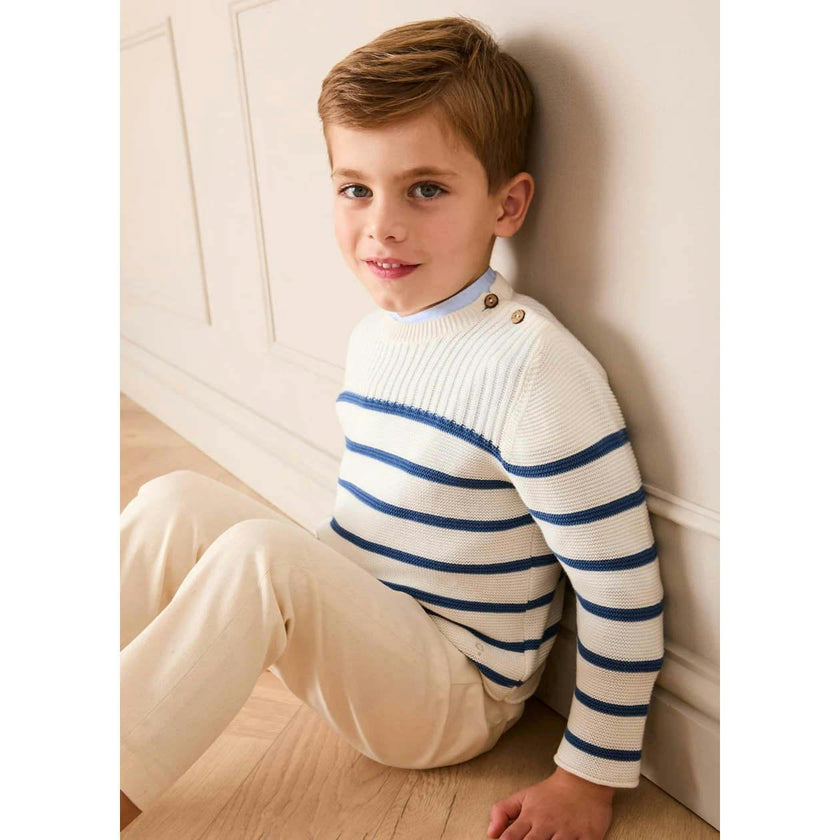 Striped Crewneck Ribbed Detail Blue & White Striped Jumper in Navy (12mths- 10yrs)
