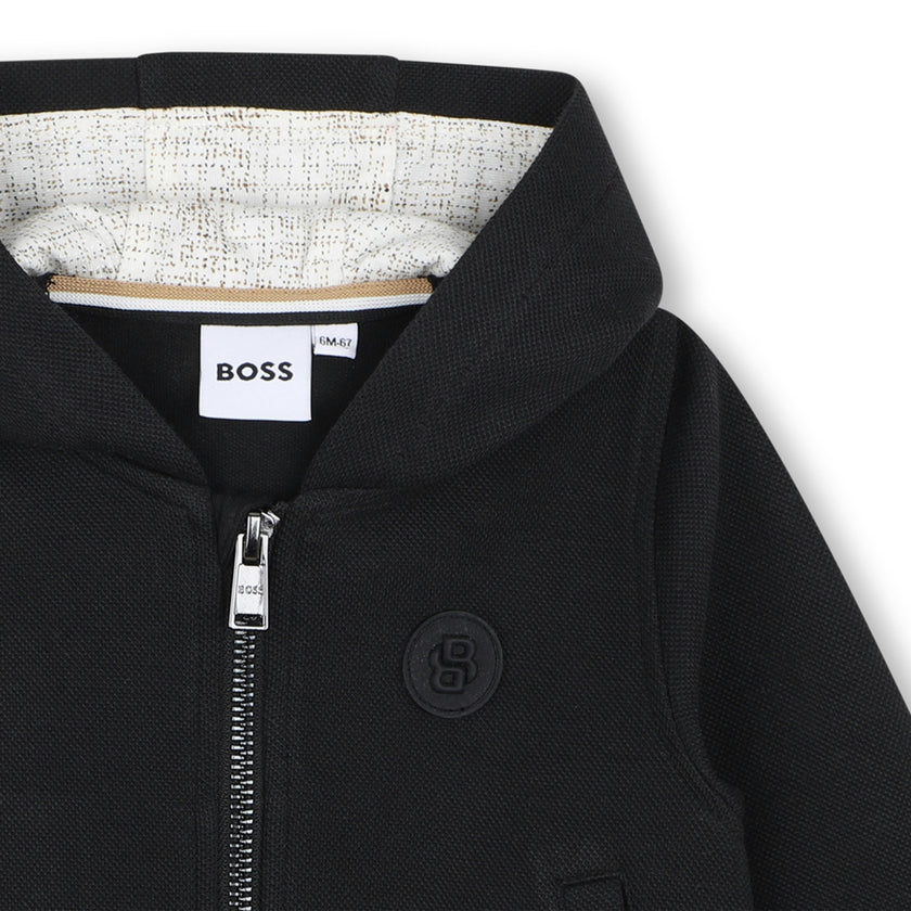 Black Textured Hooded Tracksuit Set