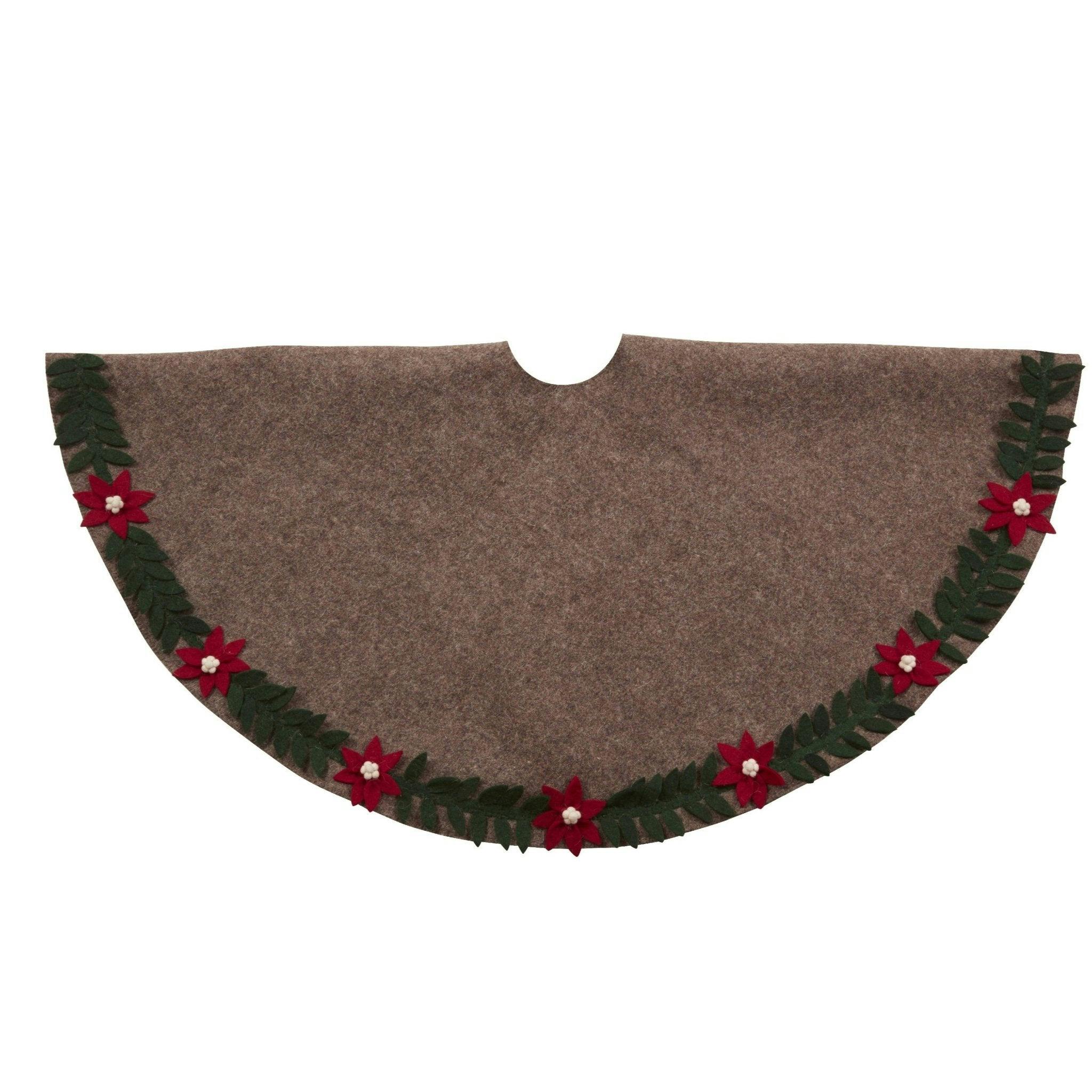 Handmade Felt Poinsettia Border Gray Christmas Tree Skirt 60