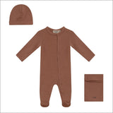 Knitted Front Opening Long Sleeve Romper, Hat, and Pouch Three Piece Set
