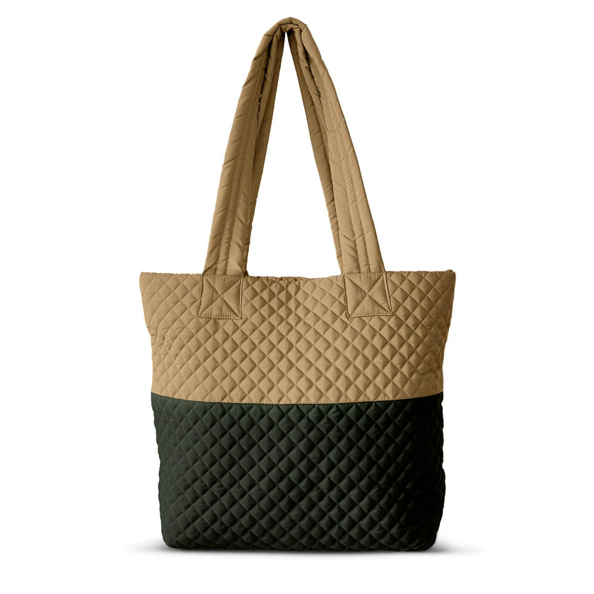 Newport Two-Tone Quilted Tote Bag with Zipper Closure - Dark/Light Khaki