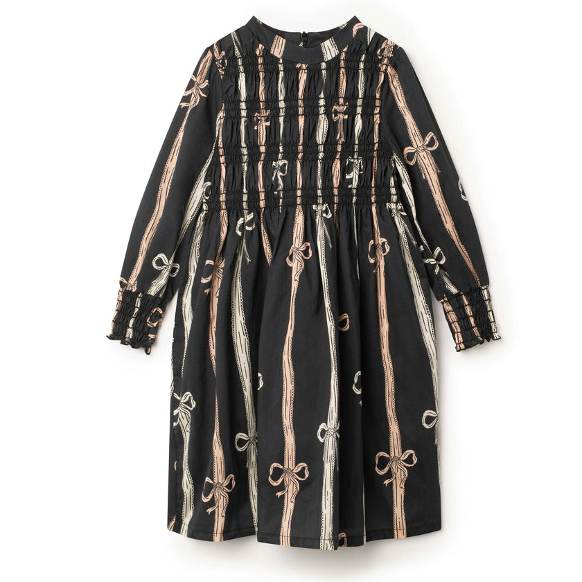 Printed Smocked Cuffs Dress Black Bow-Print