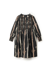 Printed Smocked Cuffs Dress Black Bow-Print