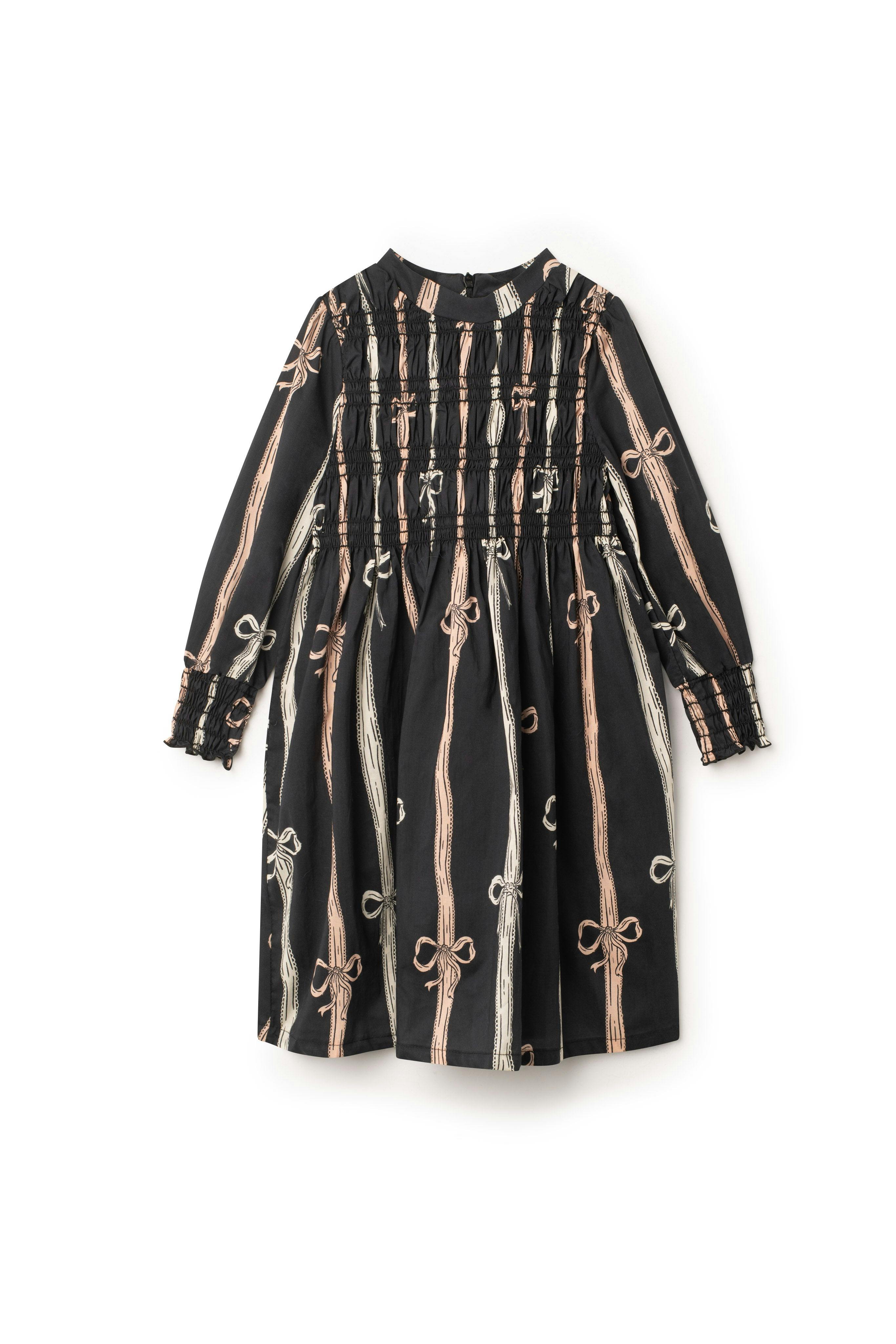 Printed Smocked Cuffs Dress Black Bow-Print