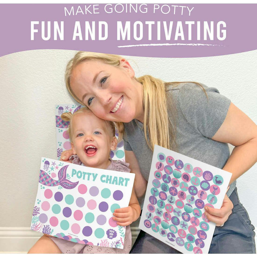 10-Piece Mermaid Potty Training Charts & 6-Piece Under the Sea Bathroom Wall Art Decor Prints