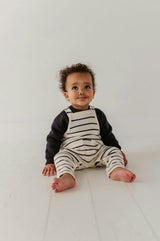 Baby Boy Knit Pocket Overalls in Charcoal Stripe