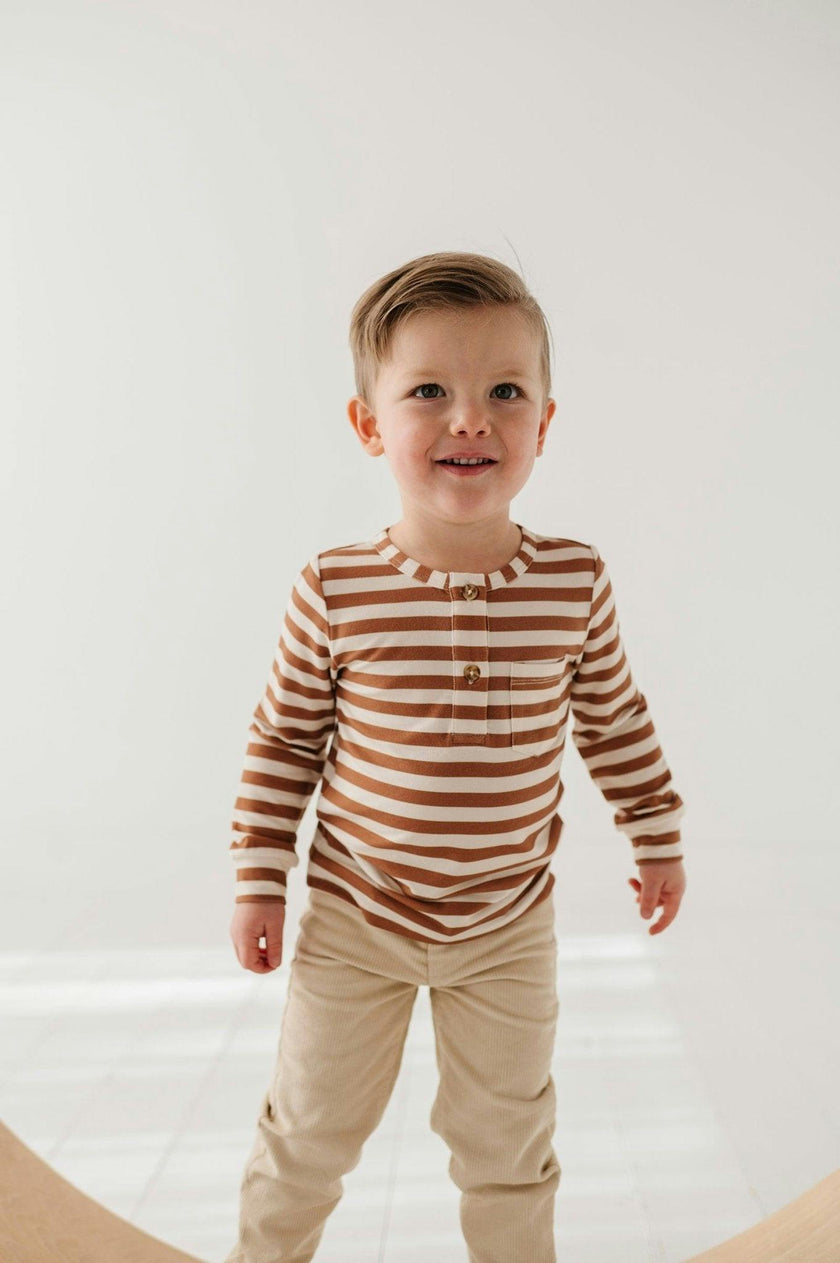 Boys Long Sleeve Henley Shirt in Caramel Stripe