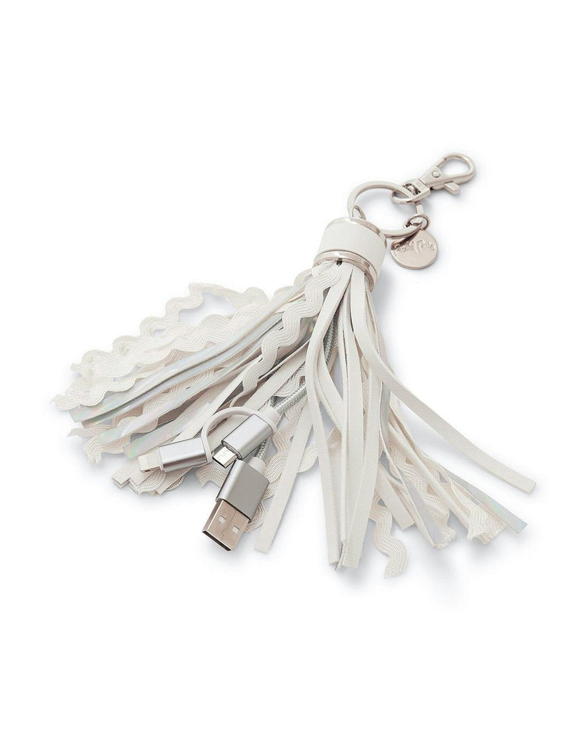 Packed Party More Metallic Portable Charging Tassel Keychain - Holographic Vegan Leather Keychain USB Charger Compatible with iPhone and Android, 1 Inch Keyring
