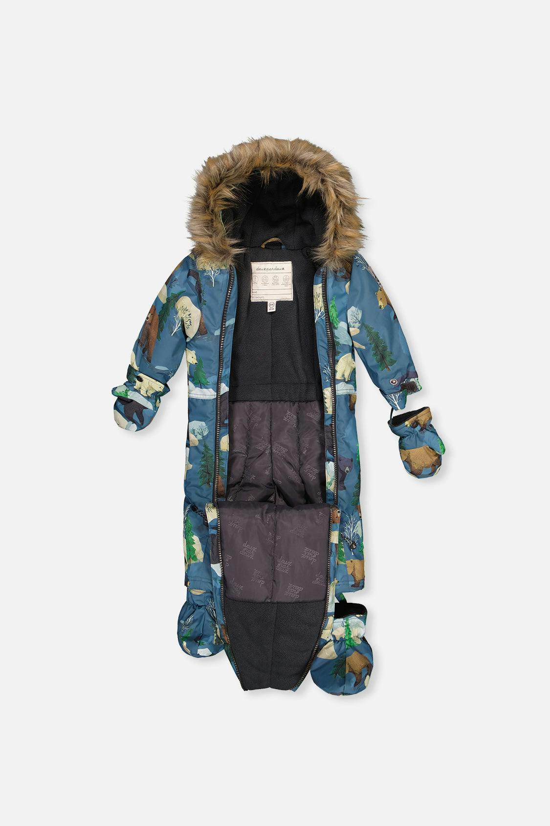 Baby One Piece Snowsuit Adapted For Car Seats Blue Bear Print