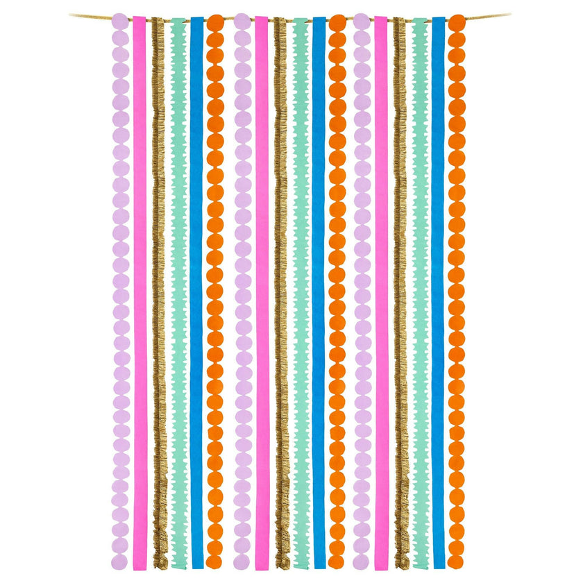 Packed Party Color Pop Streamer Party Backdrop Kit - 6 Colors of 72-Inch Crepe Paper Rolls with 60-Inch Gold Satin Ribbon for Photo Walls and Cake Tables