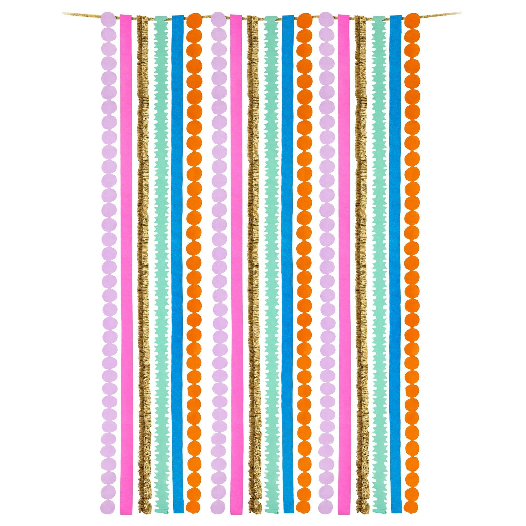 Packed Party Color Pop Streamer Party Backdrop Kit - 6 Colors of 72-Inch Crepe Paper Rolls with 60-Inch Gold Satin Ribbon for Photo Walls and Cake Tables