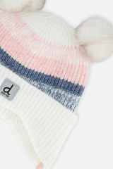 Baby Winter Knit Hat With Ear Flaps And Pompoms Off-White, Pink And Blue