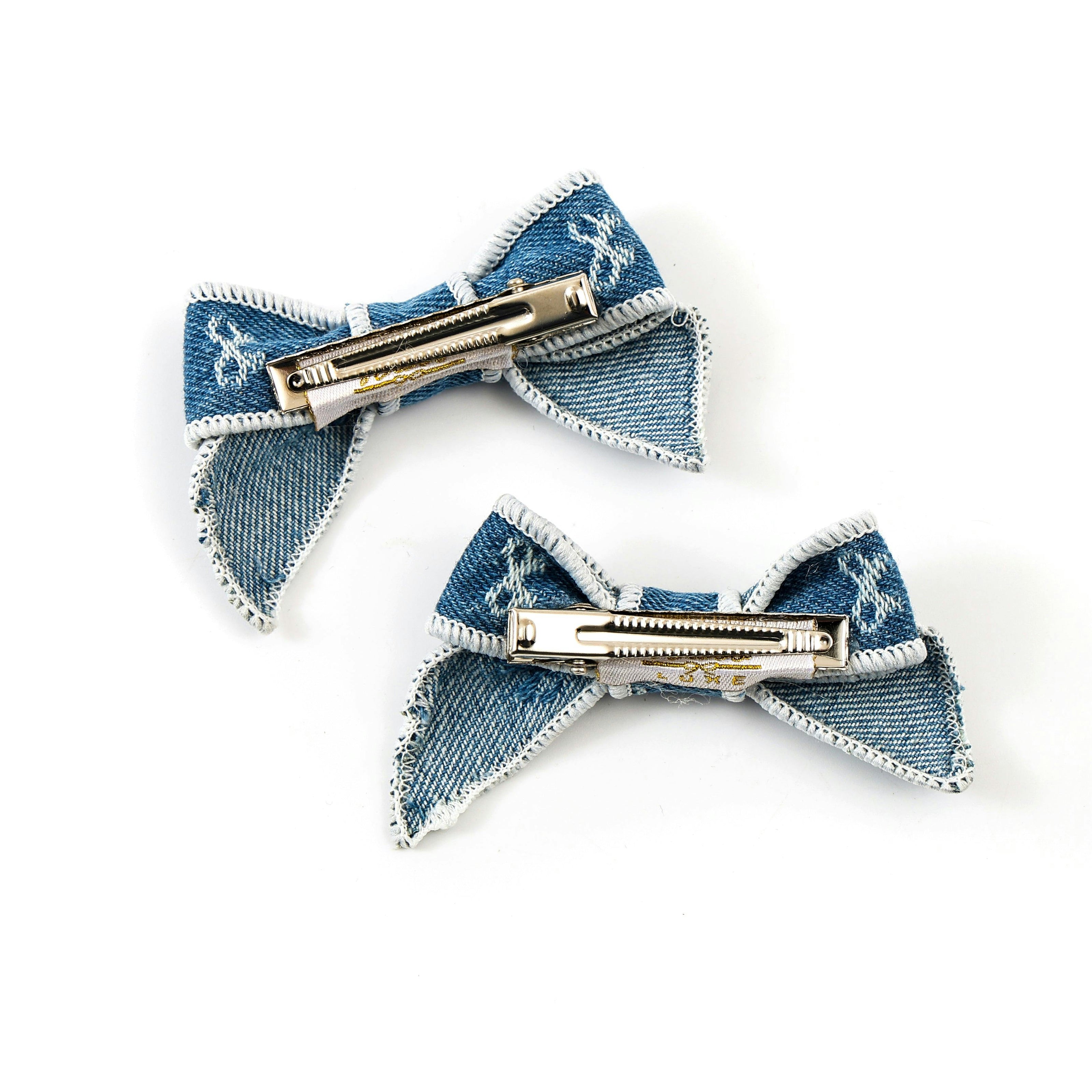 Halo Luxe Rae Signature Bow Printed Double Clip Set - Light Jean Wash