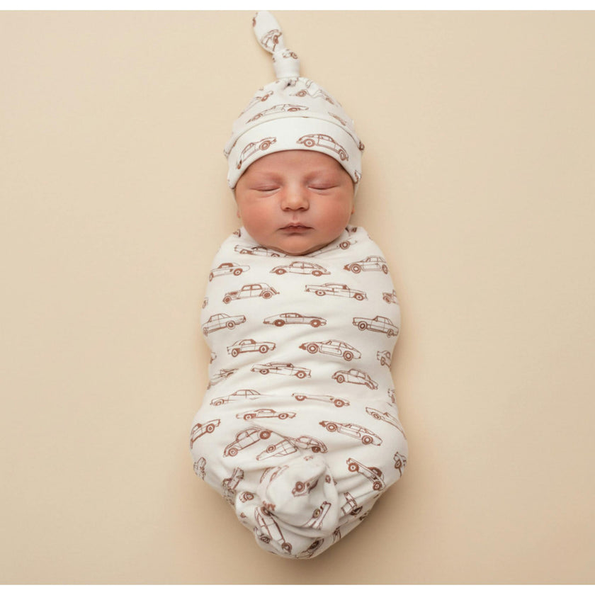Organic Swaddle Blanket & Hat Set - Cars