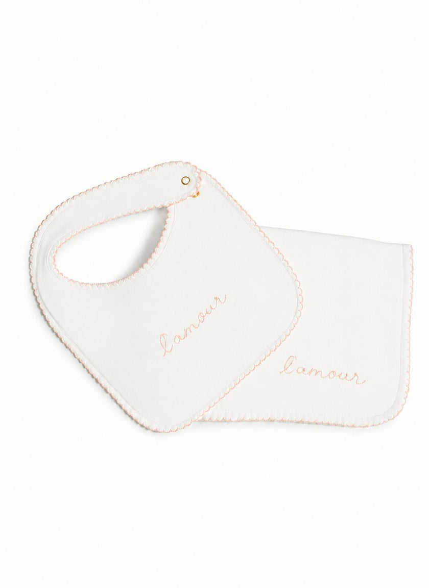 Bib & Burp Cloth Set - Embroidered Pink "L'Amour"