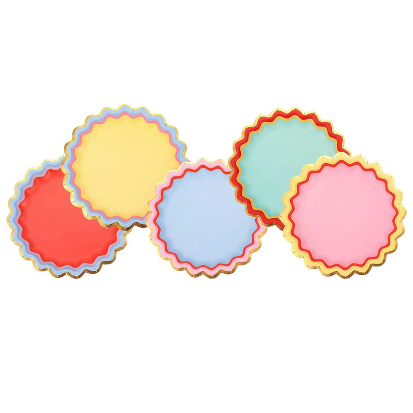 Packed Party Rainbow Ric Rac 10ct Paper Dessert Plates | Gold Foil Scalloped 5-Color Mix Party Plates | 8 Inch Birthday Plates