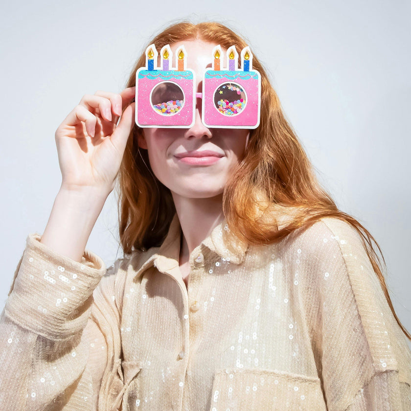 Packed Party Confetti Birthday Cake Novelty Glasses – Glitter Cake-Shaped Frames with Confetti-Filled Shaker Lenses and Jewel Candle Details, One Size