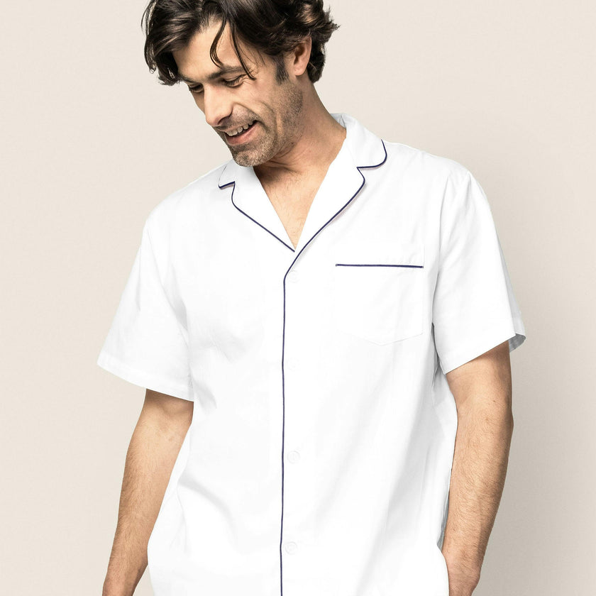 Men's Twill Pajama Short Set in White with Navy Piping