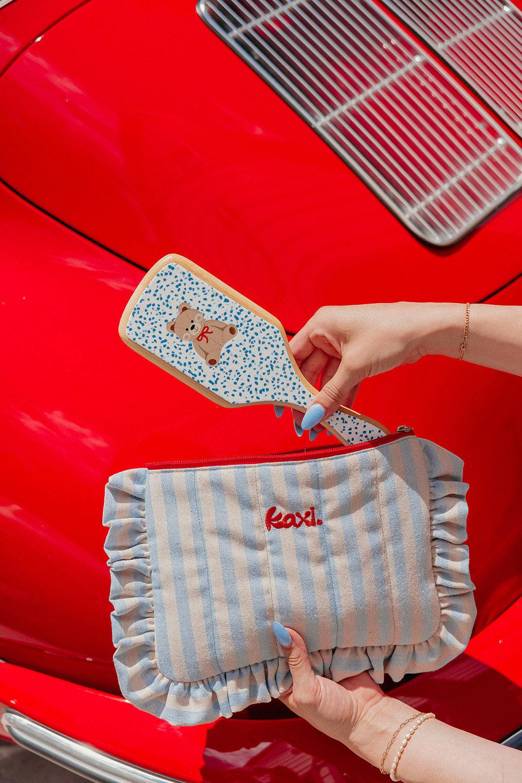 BABY BLUE DENIM STRIPED COSMETIC BAG WITH STAR CHARM