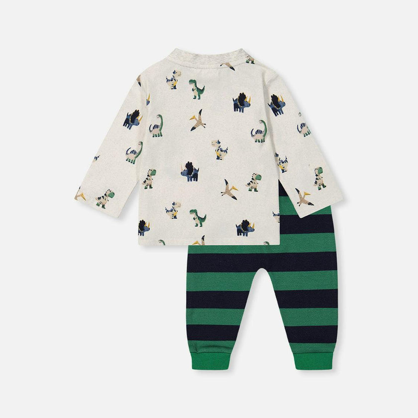 Cotton T-Shirt & Fleece Pant Set Beige Dinosaur Print