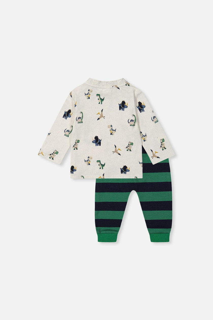 Cotton T-Shirt & Fleece Pant Set Beige Dinosaur Print