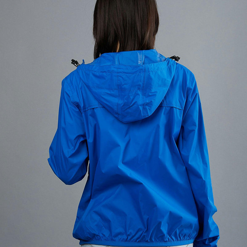 Women's royal blue full zip packable rain jacket and windbreaker