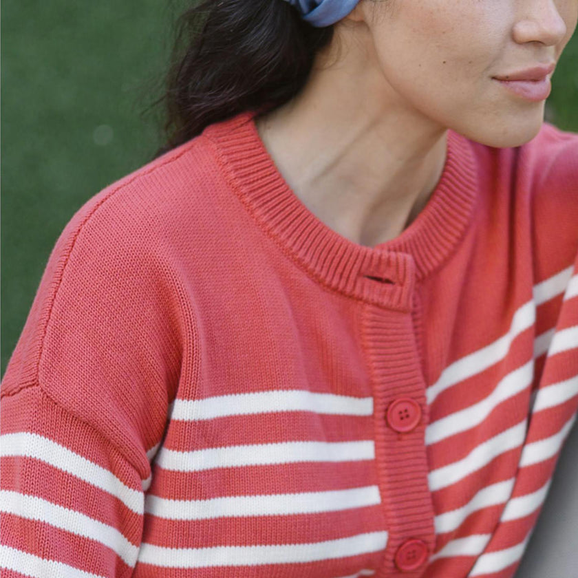 Women's Red And Cream Stripe Cropped Knit Cardigan