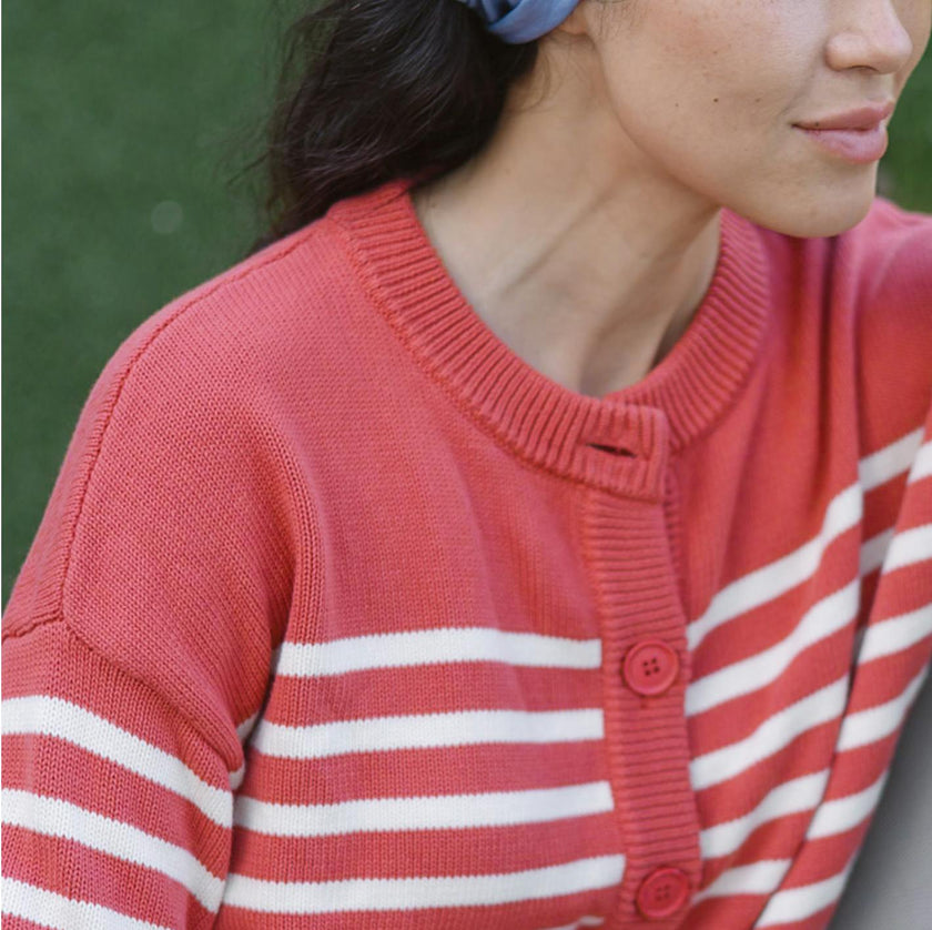 Women's Red And Cream Stripe Cropped Knit Cardigan