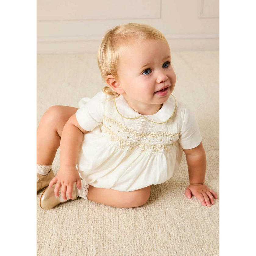 Hand Smocked Gold Embroidered Short Sleeve Romper in Ivory (3mths-2yrs)