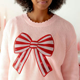 Candy Cane Sequin Bow Patch Christmas Women's Sweater
