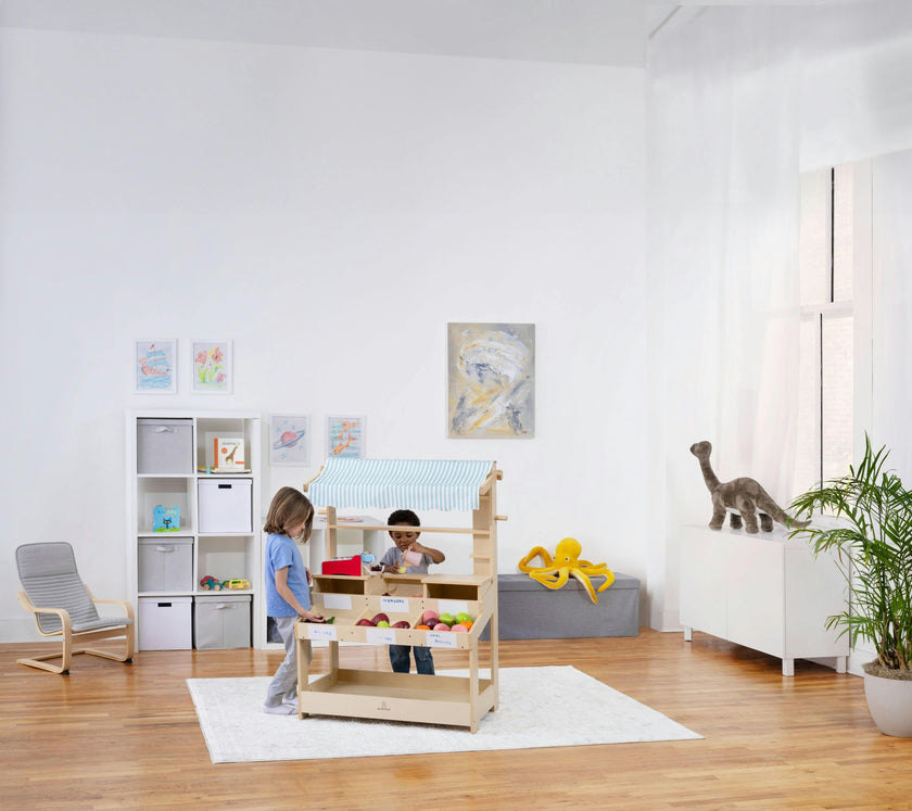 Cypress Wooden Market Stand – Pretend Play Shop for Kids with Storage