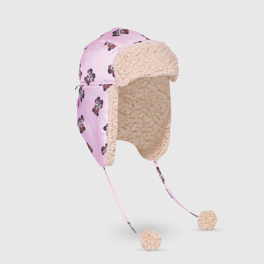 The Cozy Trapper Hat – Teddy Bears Print with Irish Cream Sherpa Liner & Pompoms