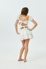 Gemma White Heart & Flower Eyelet With White Ribbon Smocked Ruffle Mini Skirt