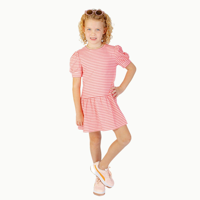 Puff Sleeve Tennis Dress in Pink & Red Heart Stripe