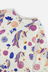 French Terry Dress Beige Unicorn Print