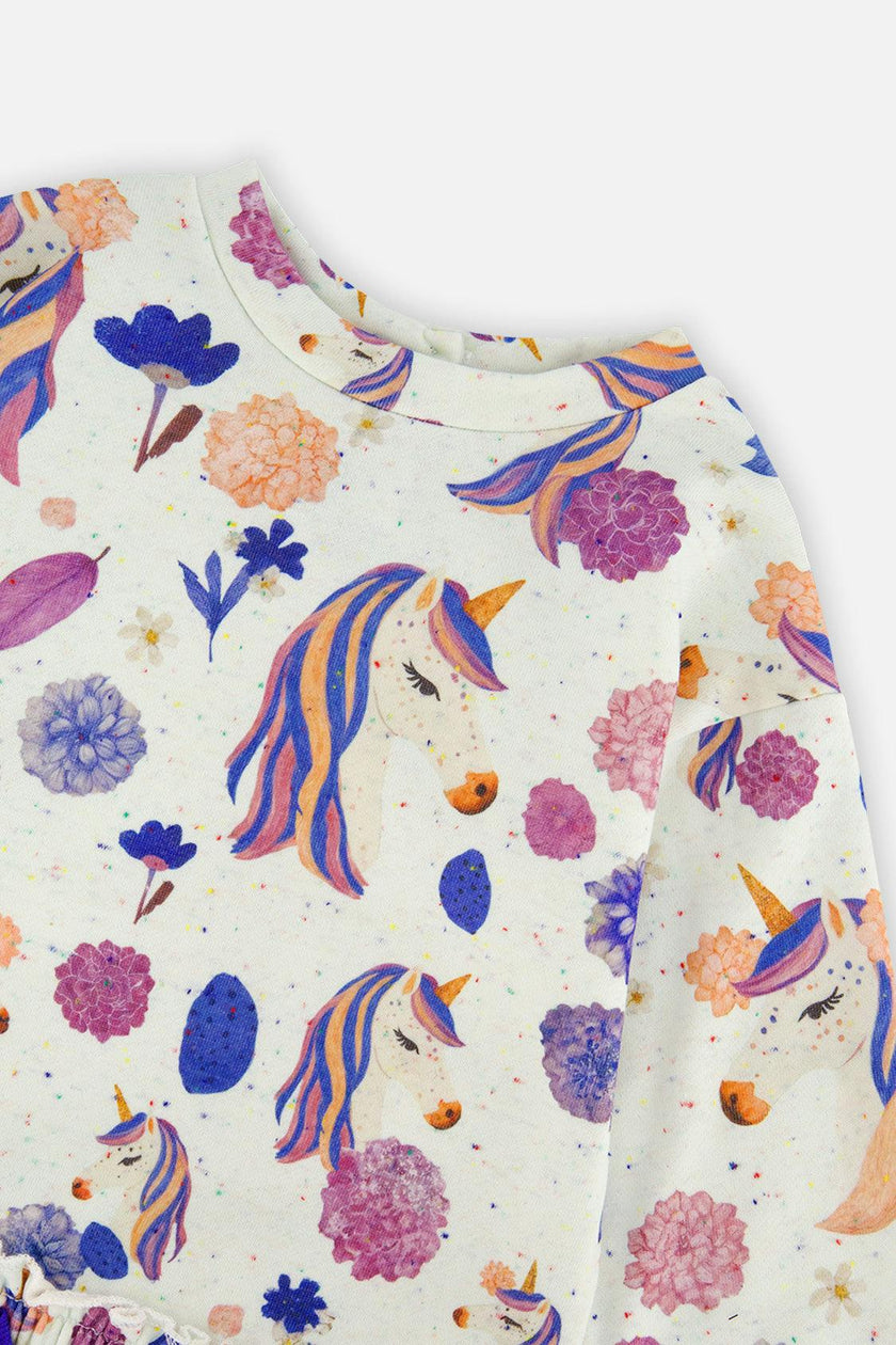 French Terry Dress Beige Unicorn Print