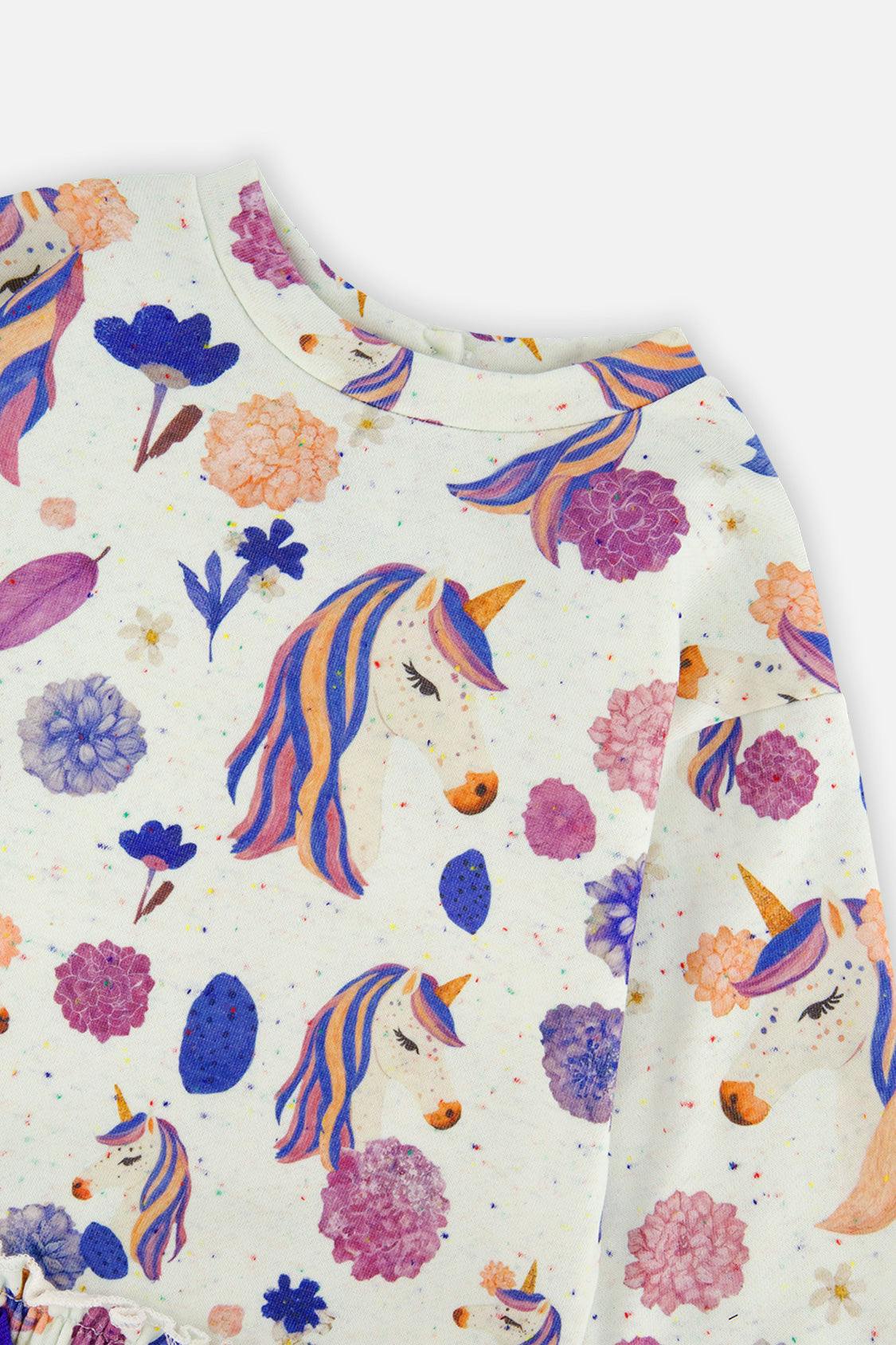 French Terry Dress Beige Unicorn Print