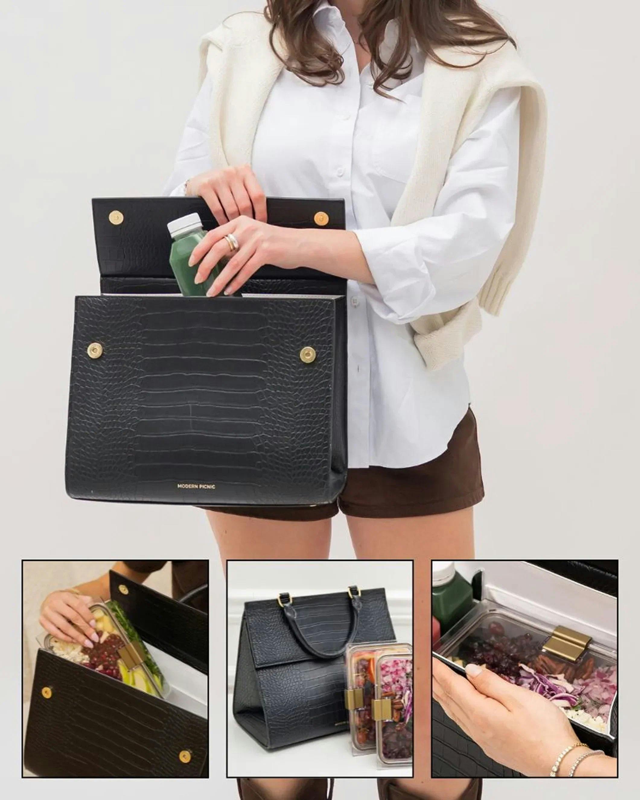 Large, Insulated, Chic Lunchbox, Black Croc