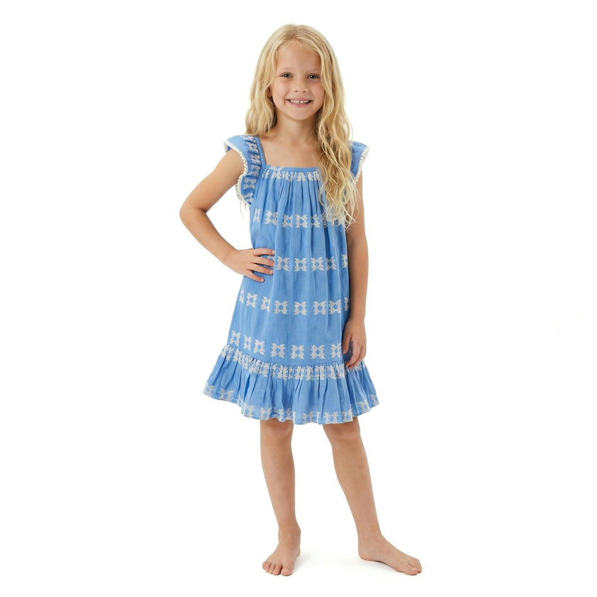 Mini Eva Girls Dress Sky White Embroidery, Sky Blue