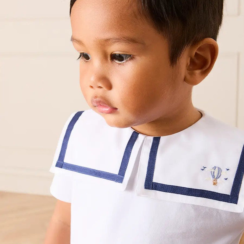 Mariner Collar Hot Air Balloon Embroidered Top in White (6mths-4yrs)
