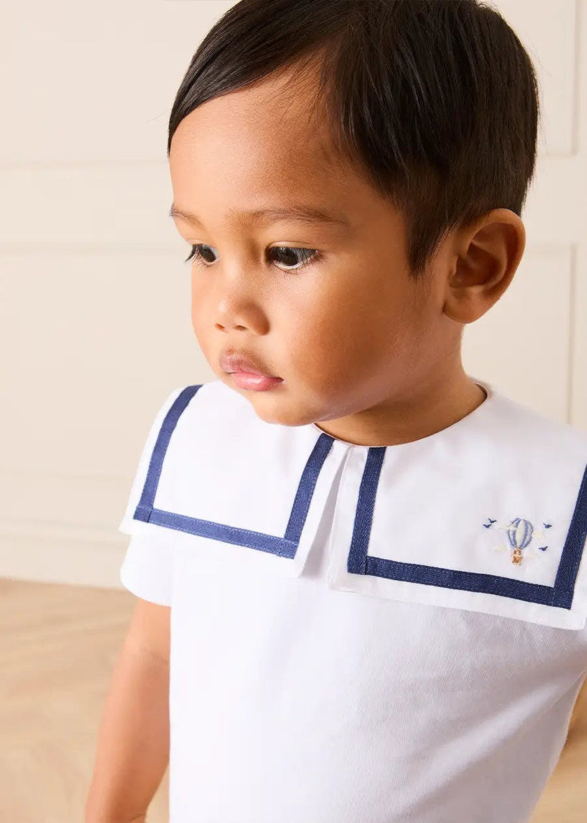 Mariner Collar Hot Air Balloon Embroidered Top in White (6mths-4yrs)